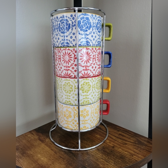 Pier 1 Other - Pier 1 4 coffee tea stackable mugs cups and rack floral handpainted stoneware